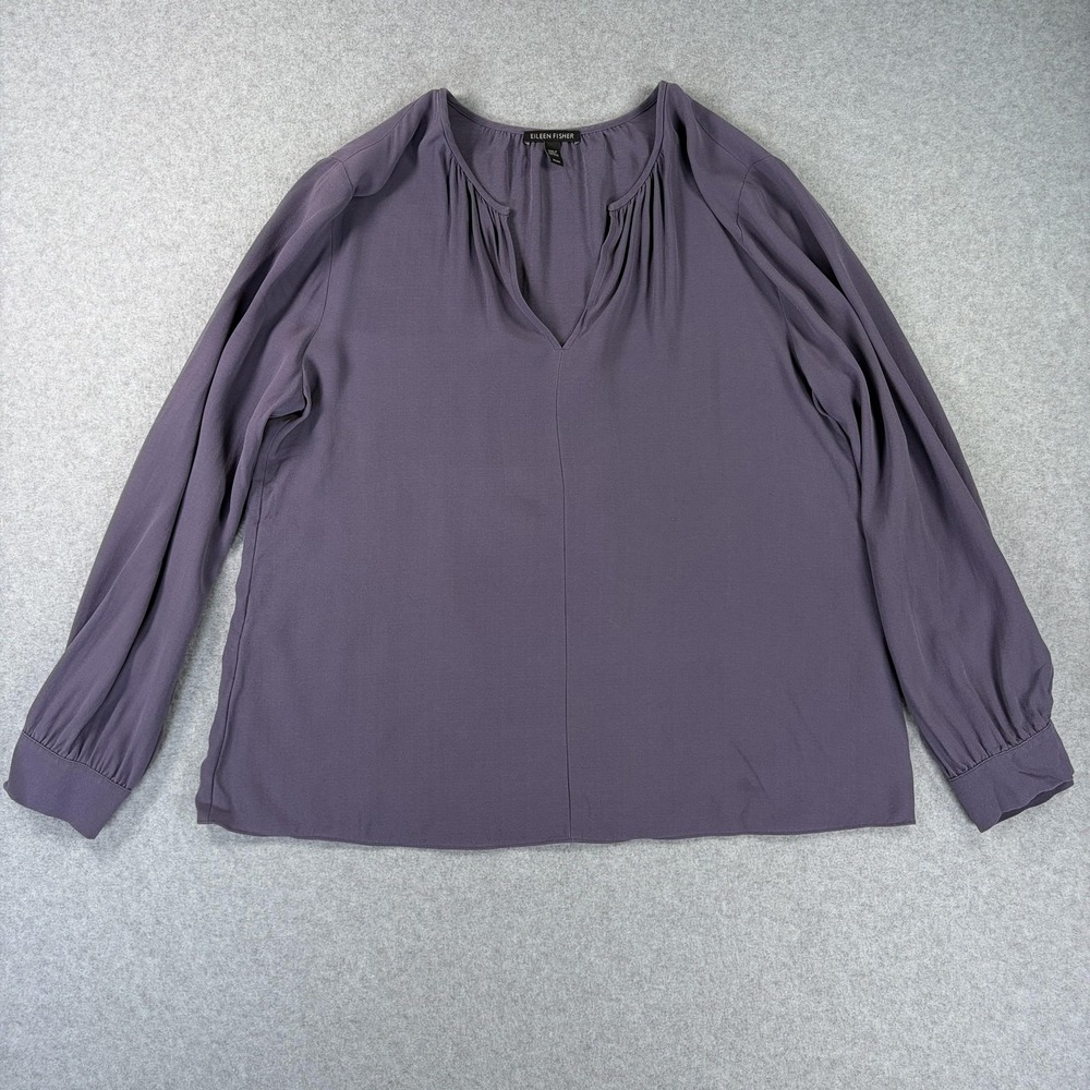 Eileen Fisher Blouse Womens Medium Purple Silk V Neck Long Sleeve Pleated Top